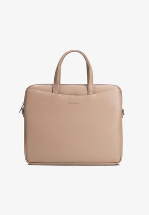 Beżowa, skórzana, prostokątna teczka z podwójnymi uchwytami i górnym suwakiem, minimalistyczny design, logo Wittchen tłoczone na środku przodu.