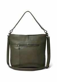 Olivenfarvet læder skuldertaske med en lynlåslomme foran, flad struktur, justerbar rem og glat tekstur.