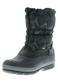 Zwarte en grijze winterlaars met een gewatteerde bovenkant, camouflagepatroon, rits aan de voorkant en een gelaagde rubberen zool, ontworpen voor koude weersomstandigheden.