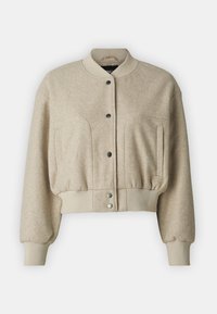 Beżowa krótka kurtka z miękkiego materiału, z prążkowanym kołnierzykiem, zatrzaskami, dwiema przednimi kieszeniami i marszczonymi mankietami.