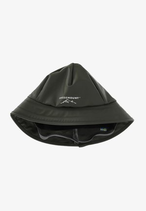 Chapeau d'extérieur imperméable vert foncé avec large bord, logo "Swedemount" et une petite étiquette avec le drapeau suédois à l'intérieur du bord.