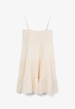 Helles beige ärmelloses Kleid mit einem smockierten Oberteil und einem gestuften Rock. Hergestellt aus leichtem Stoff mit einer weichen Textur.