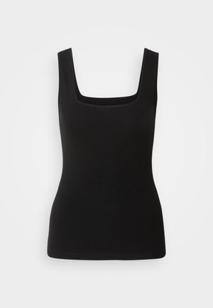 Débardeur sans manches noir avec un décolleté carré, fabriqué en tissu lisse ; design ajusté sans motifs ni accents en métal.