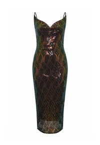 Czarna sukienka z cekinami o slim fit, dekolcie w serek i spaghetti ramiączkach. Teksturowany wzór w wielokolorowych cekinach tworzy błyszczący efekt.