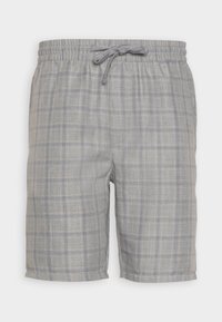 Pantaloni corti a quadri grigi realizzati in tessuto leggero, con una cintura elastica e un cordino, dal taglio comodo.