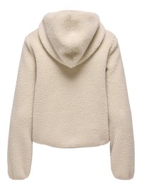 Cream-colored fleece jacket with a hood, featuring a textured, fluffy exterior and long sleeves. Back view shows no additional details.