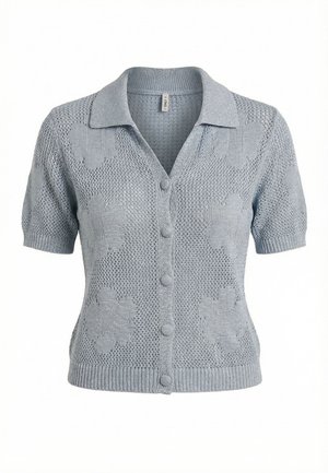 Lichtblauw, kort mouw, gebreid vest met kraag, knoopsluiting aan de voorkant, gestructureerde bloemenpatronen en geribbelde zoom en manchetten.