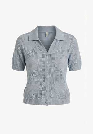 Cardigan corto a maniche corte di colore azzurro chiaro in maglia, con colletto, bottoni frontali, motivi floreali strutturati e orlo e polsini a coste.