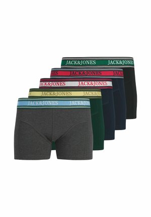 Cinq paires de boxers pour hommes en gris, vert, marine, bleu foncé et noir avec ceintures élastiques de différentes couleurs avec logo de la marque.