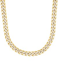 Gouden en zilveren ketting met in elkaar grijpende schakels; heeft gepolijste en matte texturen; symmetrisch ontwerp; gemiddelde dikte.