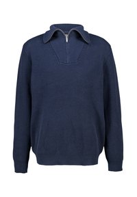 Navy ribbed sweater with a half-zip collar, featuring a relaxed fit and textured fabric. Distinctive v-shaped stitch detail at collar.