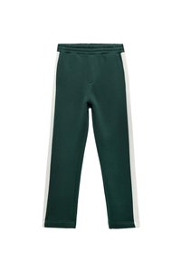 Grønne sweatpants med hvide sidestriber, lavet af et blødt materiale, med et elastisk taljebånd og en enkelt sidelomme ved hoften.