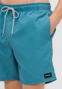 Tyrkysové plavkové šortky s elastickým pásom a bielou šnúrkou. Obsahujú bočné vrecká a čierny značkový nášivku na ľavom stehne.