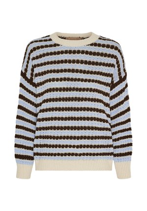 Strikket crewneck-trøje med horisontale striber i beige, lyseblå og mørkebrunt, med ribkanter ved ærmer og kant.
