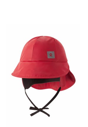 Red waterproof bucket hat with a wide brim, adjustable chin strap, and gray logo patch on the front. Smooth texture, suitable for outdoor use.