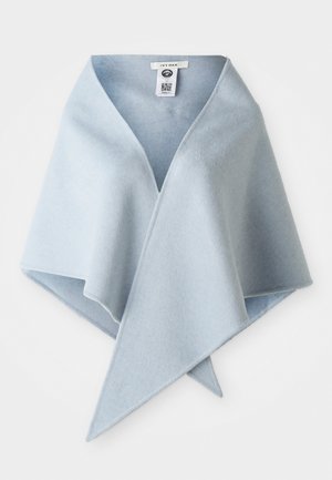 Light blue wool wrap featuring a V-neck design, soft texture, and pointed edges, suitable for layering and added warmth.
