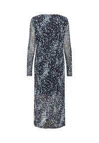 Long sheer black dress with light blue abstract spots, long sleeves, and a round neckline, shown from the back.