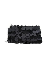 Borsa a clutch nera con paillettes, a forma rettangolare, con paillettes circolari, texture lucida e una tracolla in catena argentata.