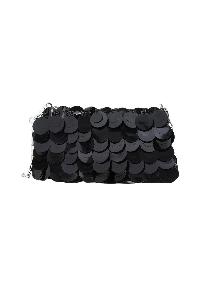 Borsa a clutch nera con paillettes, a forma rettangolare, con paillettes circolari, texture lucida e una tracolla in catena argentata.