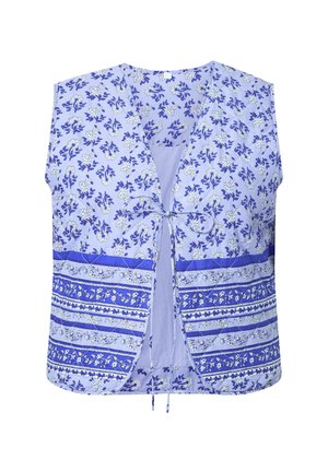 Mouwloos lichtpaars vest met blauwe en witte bloemmotieven en horizontale strepen, vooraan vastgebonden met dunne linten.