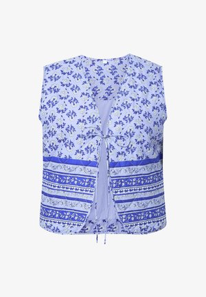 Mouwloos lichtpaars vest met blauwe en witte bloemmotieven en horizontale strepen, vooraan vastgebonden met dunne linten.