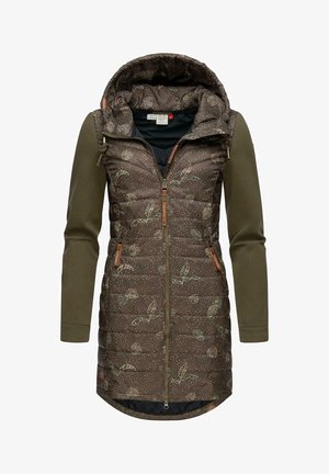 Vooderdatud jakk pruunist tikandiga kehast, millel on lehe mustrid, rohelised varrukad ja kapuuts. Sisaldab lukuga taskuid ja heledat tooni aktsente.