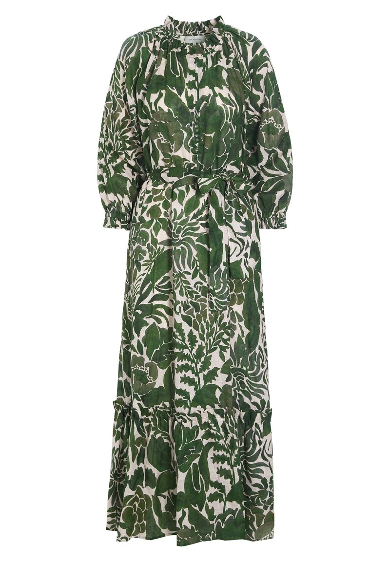 Vestido largo floral en verde y blanco. Presenta un escote fruncido, una cintura ceñida, mangas largas abullonadas y un dobladillo con volante. Tejido ligero.