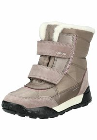 Botte d'hiver Geox marron avec deux bandes velcro, doublure en fausse fourrure douce, tissu texturé et semelle en caoutchouc avec un motif pour une meilleure adhérence.