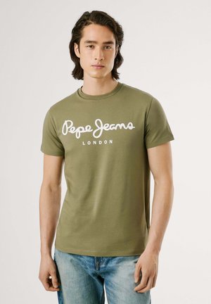 Olivgrünes Baumwoll-T-Shirt mit Rundhalsausschnitt, bedruckt mit dem Text "Pepe Jeans LONDON" in Weiß über die Brust.