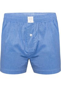 Blaue Baumwollboxershorts mit Knopfverschluss, elastischem Bund und dezentem Muster. Sie verfügen über weiße Nähte und ein kleines Etikett am Bund.