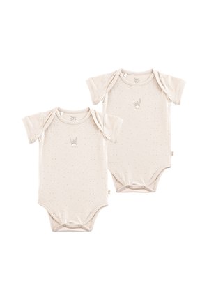 Two beige short-sleeve baby bodysuits with small brown speckles and a donkey face graphic on the chest.