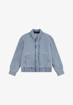 Casaco de ganga azul claro com gola, fecho éclair à frente, dois bolsos laterais, bainha elástica e logótipo bordado "Levi's" no peito.