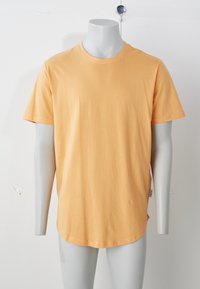 Trumpomis rankovėmis marškinėliai iš minkštos, lengvos oranžinės medžiagos. Turi apvalų kaklą ir šiek tiek išlenktą apatinę kraštinę. Be raštų ar papuošimų.