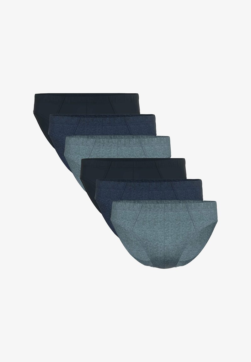 Sei paia di mutande da uomo stile slip in colori alternati blu scuro, nero e grigio, disposte ordinatamente a ventaglio.