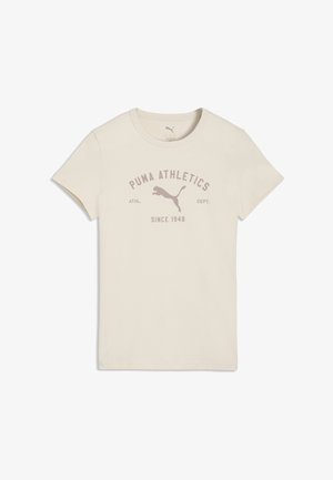 Camiseta beige de Puma Athletics con cuello redondo y mangas cortas, con el logo de Puma y el texto "PUMA ATHLETICS ATHL. DEPT. SINCE 1948" en marrón apagado.