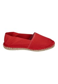 Red canvas espadrille with an elastic slip-on design, jute sole, and contrasting stitching along the edge. Lightweight and breathable material.
