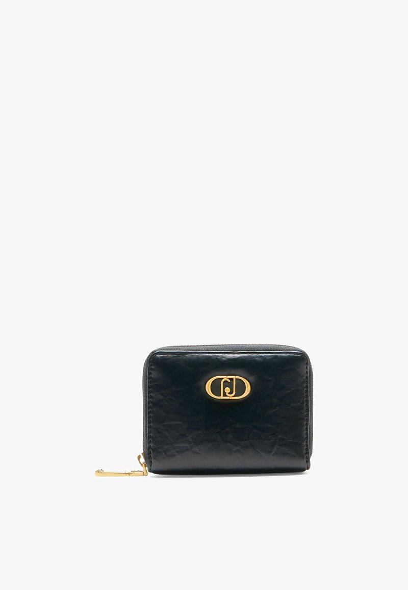 Black leather wallet with a textured finish, gold circular logo accent, and zip closure, featuring a slim rectangular shape.