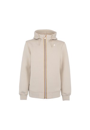 Felpa con zip beige, dotata di cappuccio regolabile con lacci, striscia verticale a contrasto sulla zip, polsini a coste e logo sul petto.