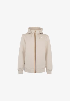 Felpa con zip beige, dotata di cappuccio regolabile con lacci, striscia verticale a contrasto sulla zip, polsini a coste e logo sul petto.