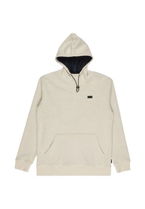 Hoodie beige clair avec cordon de serrage, capuche bordée de noir, poches kangourou et poignets côtelés, fabriqué à partir d'un tissu doux et texturé.