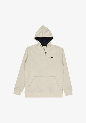 Hoodie beige clair avec cordon de serrage, capuche bordée de noir, poches kangourou et poignets côtelés, fabriqué à partir d'un tissu doux et texturé.