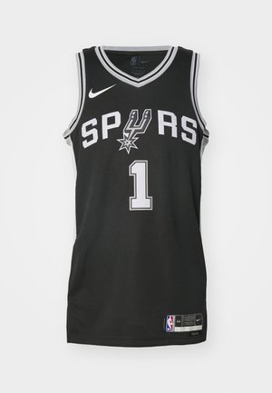 Black basketball jersey with "SPURS" in white, featuring number "1" and a Nike logo. Made of mesh fabric with a round neckline and side trim.
