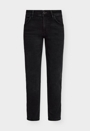 Black denim jeans with a regular fit, featuring a zip fly, button closure, and five pockets. Smooth texture and classic design.