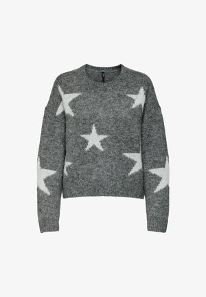 Gray knit sweater with white star patterns, rounded neckline, and long sleeves. The fabric appears soft and textured. Cropped design.