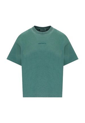 T-shirt vert oversize à manches courtes avec col rond et logo "Carhartt" brodé discrètement au centre de la poitrine.