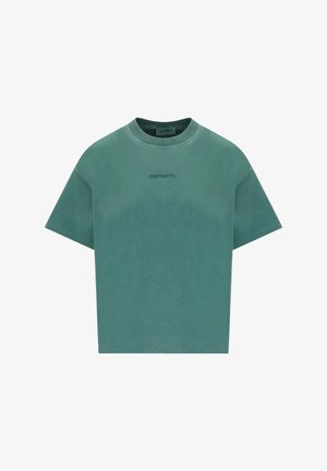 T-shirt vert oversize à manches courtes avec col rond et logo "Carhartt" brodé discrètement au centre de la poitrine.