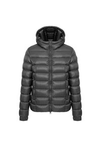 Giacca a vento nera scura, con chiusura a zip e cappuccio. Presenta un design trapuntato, polsini elastici e una finitura lucida. Leggera e isolante.