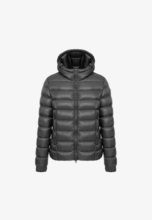 Czarna szara kurtka puchowa, zamek błyskawiczny, z kapturem. Posiada pikowany wzór, elastyczne mankiety i błyszczące wykończenie. Lekka i ocieplana.