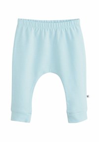 Lichtblauwe gestreepte babybroek, gemaakt van zachte stof, met een elastische tailleband en omslagen aan de onderkant voor comfort en gemak.