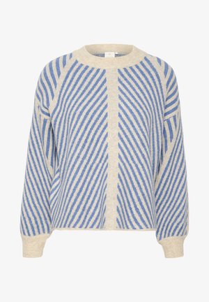 Beige kötött pulóver kék átlós csíkokkal. Terephegyes nyakkivágással és hosszú ujjak hosszával rendelkezik, puha textúrával.